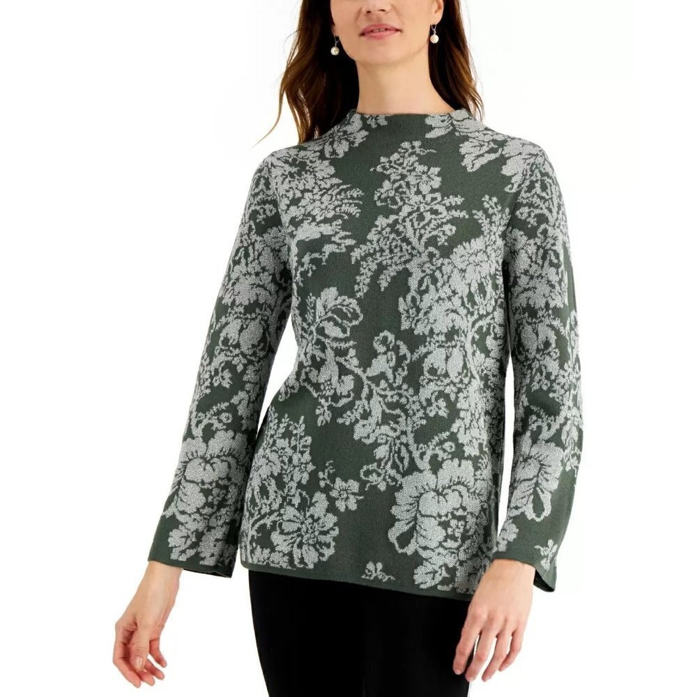 Jm Collection Womens XL Floral Printed Funnel-Neck Sweater Pickled Green $70